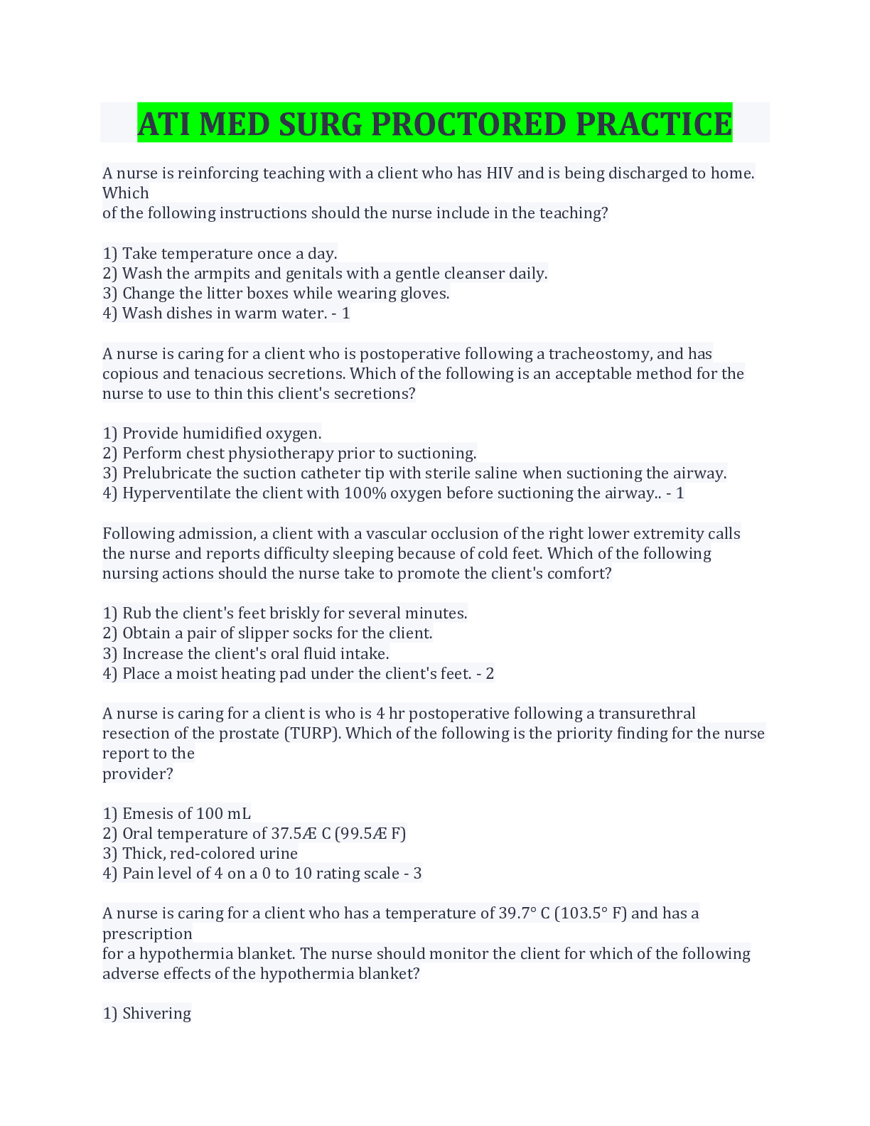 Preview image for ATI MED SURG PROCTORED PRACTICE exam 2022/2023 with 100% correct answers